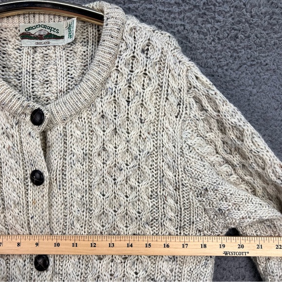 VTG ARAN CRAFTS Cardigan L 100% Wool Fisherman Honeycomb Button Up Beige Ireland - Picture 9 of 13